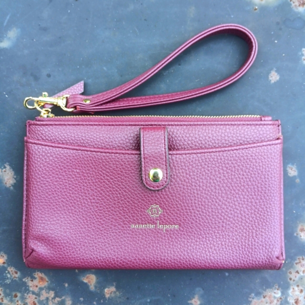 Nanette Lepore Goldtone & Maroon Textured Faux Leather Wristlet Clutch